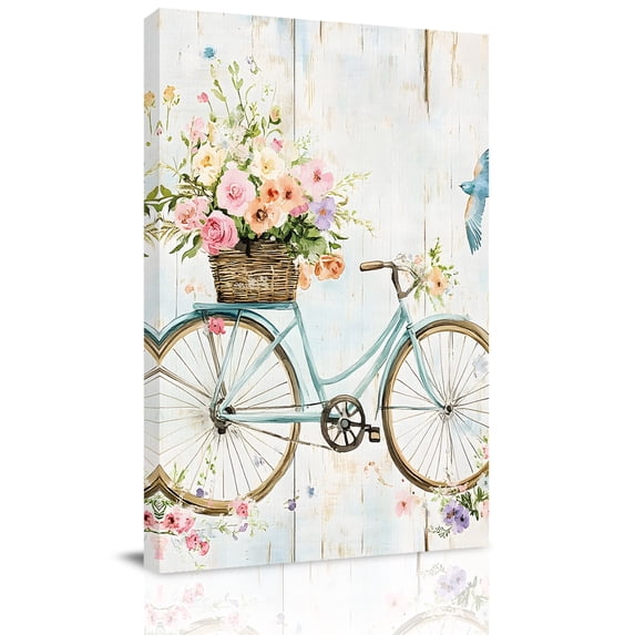 Canvas Wall Art, Vintage Floral Bicycle Framed Canvas Prints for Living Room Office, Spring Farmhouse Bird Wood Large Gallery Wrapped Wall Decor for Home Office, Gifts, 16"x24" Ship Next Day