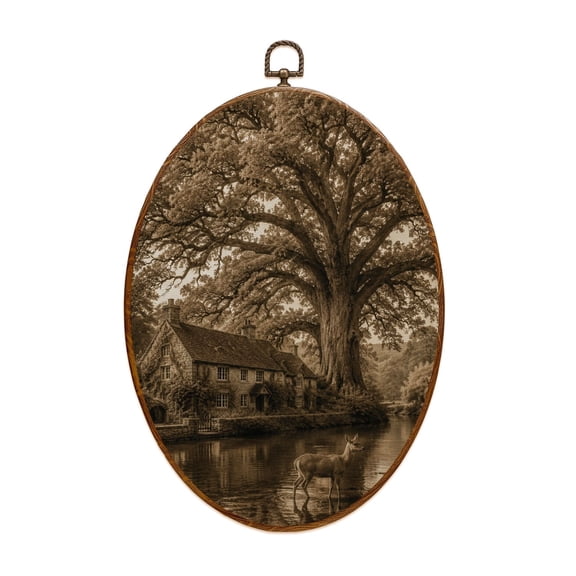 Canvas Wall Art Vintage Forest Woodland Large Trees Leaves River Cottage Houses Deer Oval Framed Canvas Prints Vintage Wall Hanging Decor for Home Decorations 8.6"x11.4"