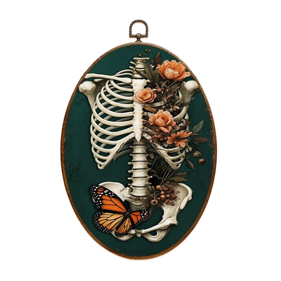 Canvas Wall Art Vintage Human Skull Skeleton Anatomy Floral Butterfly Medical Medical Oval Framed Canvas Prints Vintage Wall Hanging Decor for Home Decorations 8.6"x11.4"