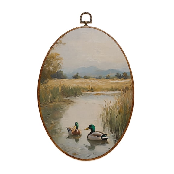Canvas Wall Art Vintage Mallard Duck Countryside Wildlife Nature Pond Rustic Wild Oval Framed Canvas Prints Vintage Wall Hanging Decor for RV Wall Campsite Decor 8.6"x11.4"