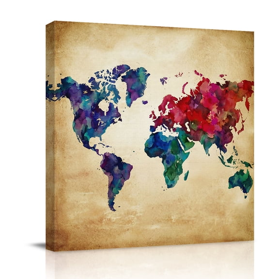 Canvas Wall Art, Vintage Map Framed Canvas Prints for Bathroom Desk, Travel World Map Watercolor Splashes Small Gallery Wrapped Wall Decor for Home Office, Gifts, 8"x8" Ship Next Day