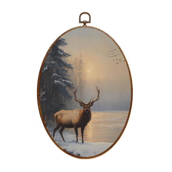Canvas Wall Art Vintage Moody Farmhouse Deer Rustic Winter Forest Landscape Wooden Oval Framed Canvas Prints Hunting Theme Wall Hanging Decor for Cabin Lodge 8.6"x11.4"