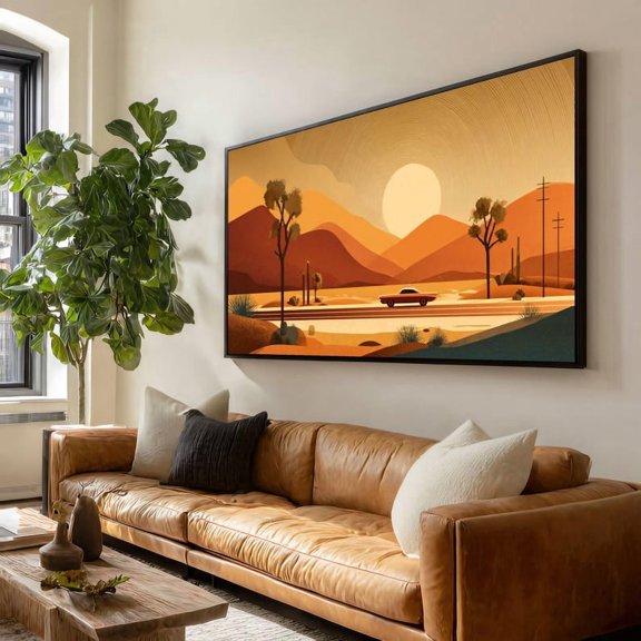 Canvas Wall Art Vintage Retro Car Desert Sunset Drive Southwestern Landscape Painting Warm Earth Tones