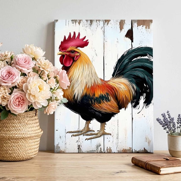 Canvas Wall Art Vintage Rooster Canvas Art Print White Wood Grain Pictures Wall Decor for Living Room Bedroom Artwork Decorations Stretched Framed Ready to Hang 12"x16"