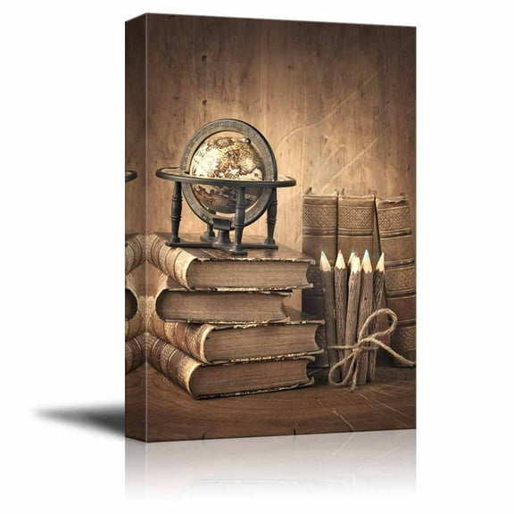 Canvas Wall Art - Vintage Style Stack of Books and Globe on Wooden Table | Modern Home Decor Canvas Prints Gallery Wrap Giclee Printing & Ready to Hang - 24" x 36"
