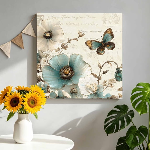 Canvas Wall Art Vintage Tulip Canvas Art Print Butterfly Flower Pictures Wall Decor for Living Room Bedroom Artwork Decorations Stretched Framed Ready to Hang 8"x8"