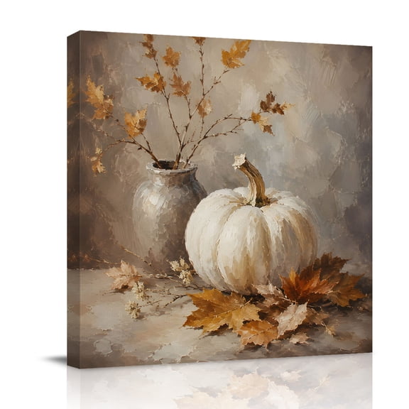 Canvas Wall Art, Vintage White Pumpkins Fall Framed Canvas Prints for Bathroom Kitchen, Thanksgiving Botanical Leaves Gallery Wrapped Wall Decor for Home Office, Gifts, 10"x10" Ship Next Day