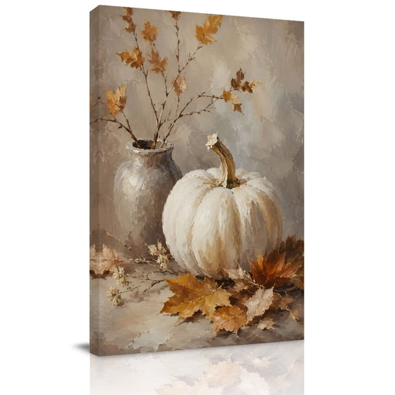 Canvas Wall Art, Vintage White Pumpkins Fall Framed Canvas Prints for Living Room Dining Room, Thanksgiving Botanical Leaves Extra Large Gallery Wrapped Wall Decor for Home Office, Gifts, 22"x28"