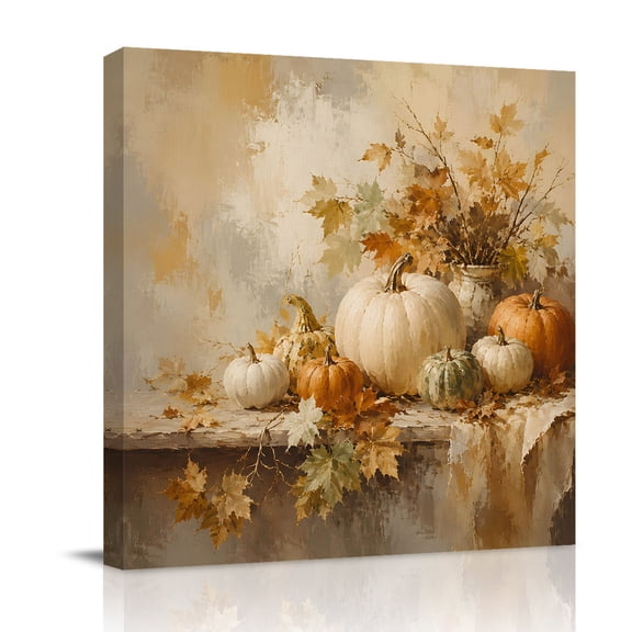 Canvas Wall Art, Vintage White Pumpkins Framed Canvas Prints for Bathroom Kitchen, Thanksgiving Botanical Fall Gallery Wrapped Wall Decor for Home Office, Gifts, 10"x10" Ship Next Day