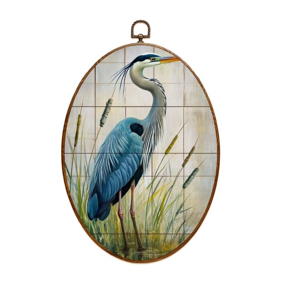 Canvas Wall Art Vintage Wood Panel Beach Crane Bird Nature Wilderness Illustrations Oval Framed Canvas Prints Vintage Wall Hanging Decor for Home Office Nursery Family Gift 8.6"x11.4"