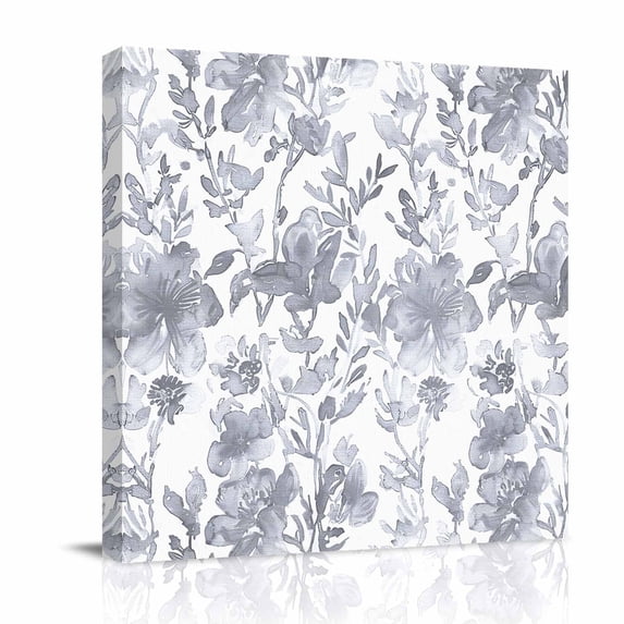 Canvas Wall Art, Watercolor Grey Floral Framed Canvas Prints for Bathroom Desk, Gray Ombre Botanical Summer Small Gallery Wrapped Wall Decor for Home Office, Gifts, 8"x8" Ship Next Day