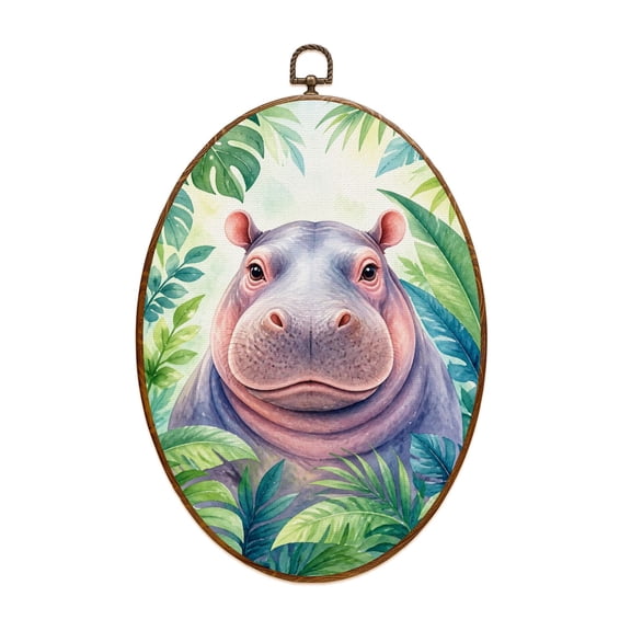 Canvas Wall Art Watercolor hippo portrait cute boho feathers prints animals posters Oval Framed Canvas Prints Vintage Wall Hanging Decor for Home Decorations 8.6"x11.4"