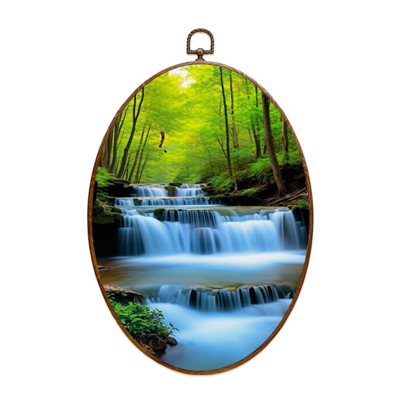 Canvas Wall Art Waterfall Landscape Nature Green Trees Rivers Spring Tropic Forest Oval Framed Canvas Prints Vintage Wall Hanging Decor for Home Office Decorations 8.6"x11.4"