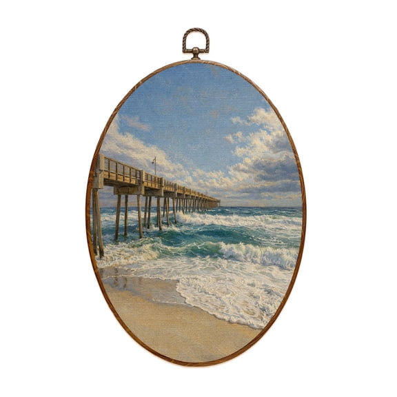 Canvas Wall Art Waves Pensacola Pier Oval Framed Canvas Prints Vintage Wall Hanging Decor for Home Bathroom Decorations Gift for Mom Women 8.6"x11.4"