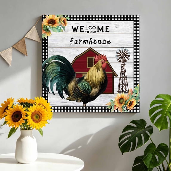 Canvas Wall Art Welcome To Our Farmhouse Canvas Art Print Barn Chicken Sunflower Wood Grain Pictures Wall Decor for Living Room Bedroom Artwork Decorations Stretched Framed Ready to Hang 10"x10"