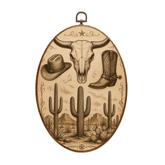 Canvas Wall Art Western Cowboy Cowboy Hat Boots Desert Cactus Cow Skull Southwestern Oval Framed Canvas Prints Vintage Wall Hanging Decor for Home Decorations 8.6"x11.4"
