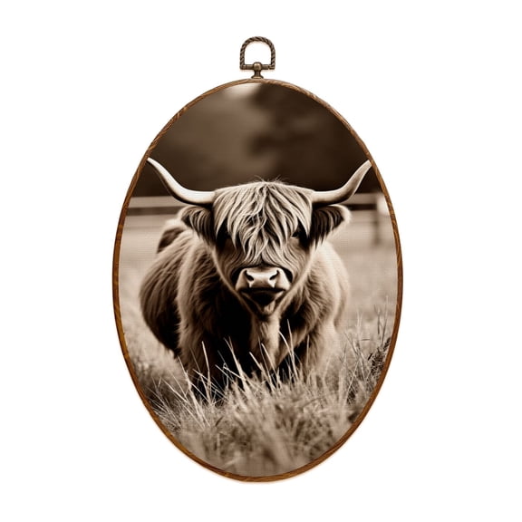 Canvas Wall Art Western Cowboy Highland Cattle Vintage Hat Boots Old Farmhouse Cowboy Oval Framed Canvas Prints Vintage Wall Hanging Decor for Office Kitchen Bathroom Gifts For Women 8.6"x11.4"