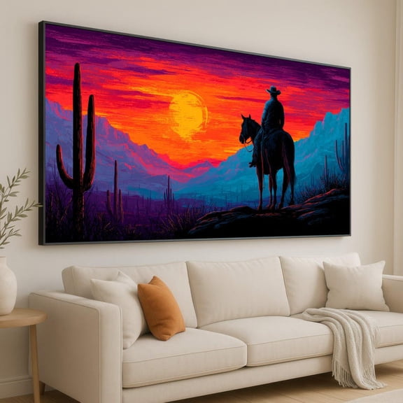 Canvas Wall Art Western Cowboy Sunset Desert Landscape Horse Rider Silhouette Decor 16x24