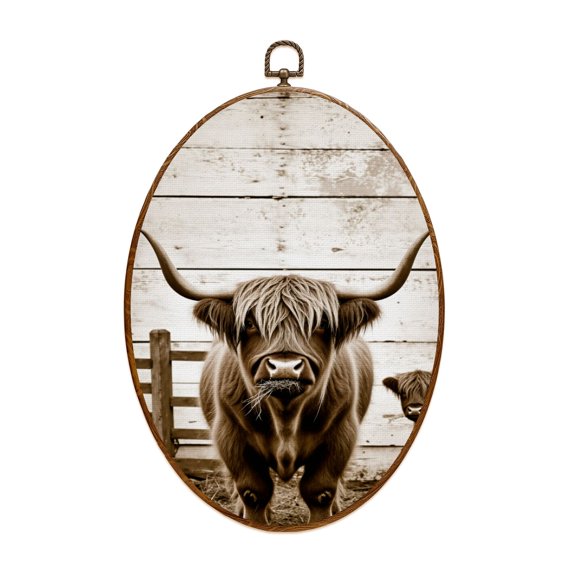 Canvas Wall Art Western Decor Farmhouse Men s Bedroom Highland Cow Wooden Fence Oval Framed Canvas Prints Vintage Wall Hanging Decor for Office Kitchen Bathroom Gifts For Women 8.6"x11.4"