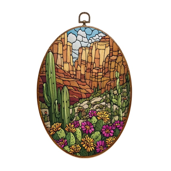 Canvas Wall Art Western Desert Spring Detailed Stained Glass texured Art Oval Framed Canvas Prints Vintage Wall Hanging Decor for Home Decorations 8.6"x11.4"