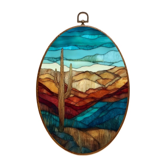 Canvas Wall Art Western Landscape Stained Glass Prominent Cactus Turquoise Amber Oval Framed Canvas Prints Vintage Wall Hanging Decor for Home Decorations 8.6"x11.4"