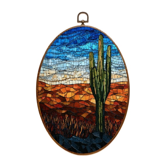 Canvas Wall Art Western Landscape Stained Glass texured Emerald Greens Oval Framed Canvas Prints Vintage Wall Hanging Decor for Home Decorations 8.6"x11.4"
