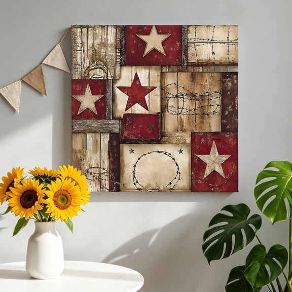 Canvas Wall Art Western Red Canvas Art Print Borown Texas Star Vintage Wood Grain Patchwork Pictures Wall Decor for Living Room Bedroom Artwork Decorations Stretched Framed Ready to Hang 8"x8"