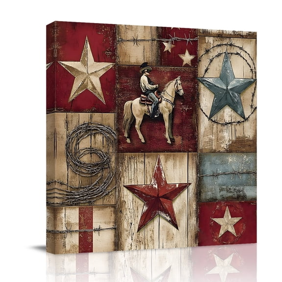 Canvas Wall Art Western Texas Canvas Art Print Star Cowboy Wood Grain Distressed Patchwork Pictures Wall Decor for Living Room Bedroom Artwork Decorations Stretched Framed Ready to Hang 8"x8"