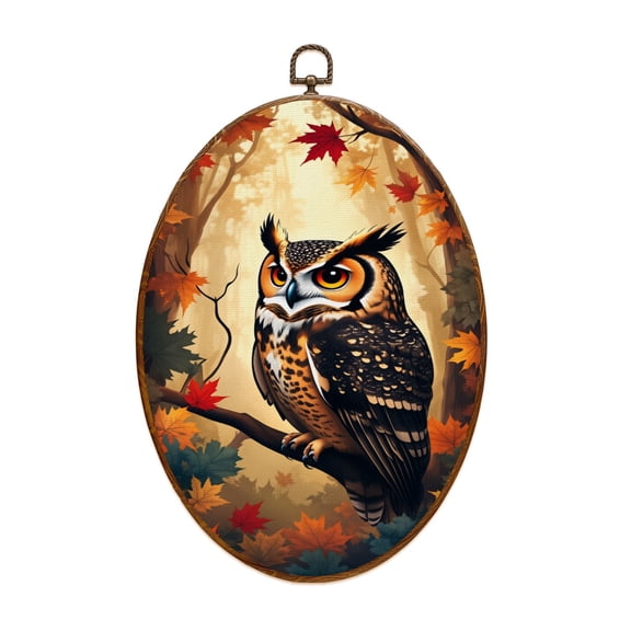 Canvas Wall Art Whimsical Owl Stained Glass Autumn Forest Vivid Colors Oval Framed Canvas Prints Vintage Wall Hanging Decor for Home Office Decorations 8.6"x11.4"