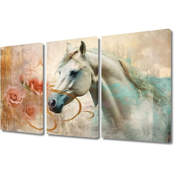 Canvas Wall Art White Brown Horse Canvas Pictures Wall Decor Farmhouse Animals Canvas Painting Rustic Artwork Canvas Prints Living Room Bedroom Bathroom Office Home Wall Decoration Unframed