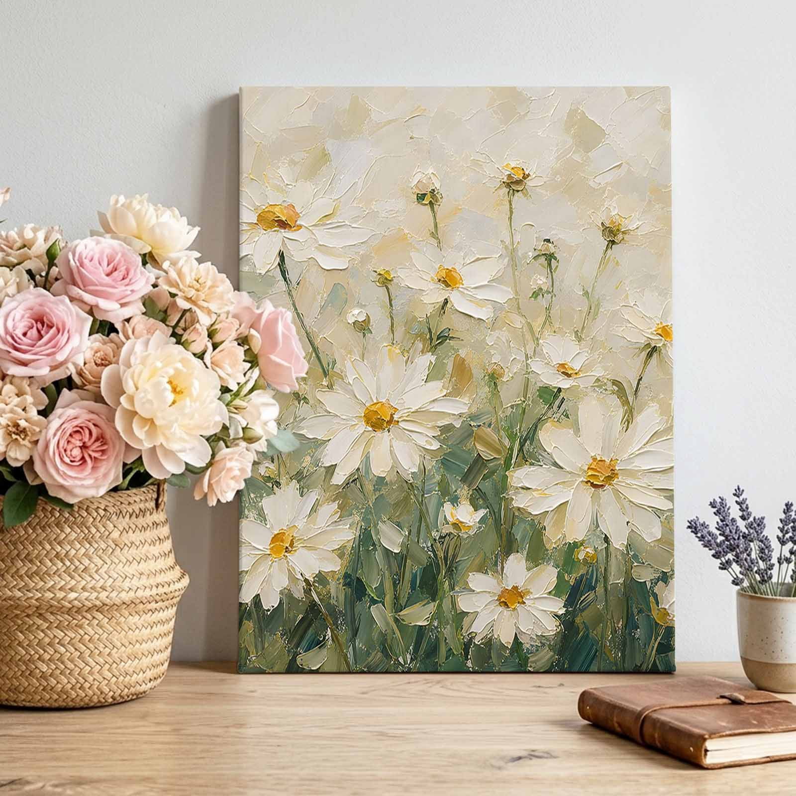 Canvas Wall Art White Daisy Canvas Art Print Spring Floral Golden Oil ...
