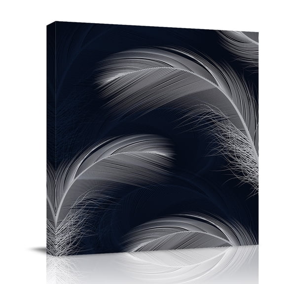Canvas Wall Art, White Feather Framed Canvas Prints for Bathroom Kitchen, Modern Navy Blue Striped Art Gallery Wrapped Wall Decor for Home Office, Gifts, 10"x10" Ship Next Day