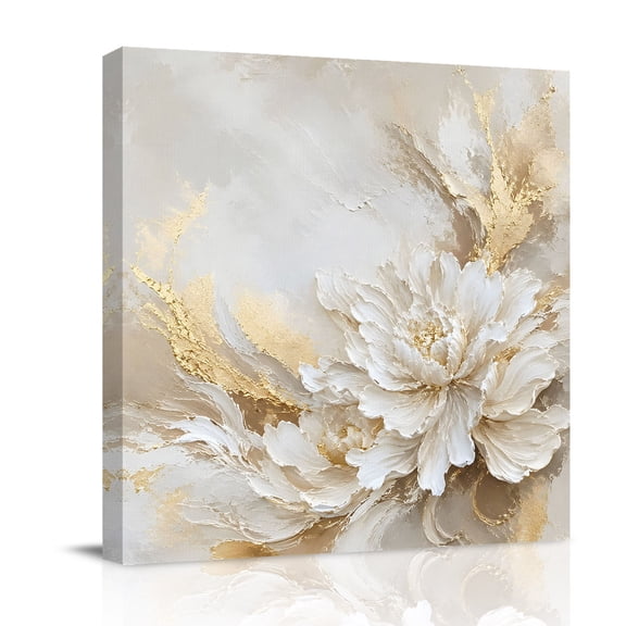 Canvas Wall Art, White Floral Framed Canvas Prints for Bathroom Desk, Modern Abstact Oil Painting Flower Cream Gold Small Gallery Wrapped Wall Decor for Home Office, Gifts, 8"x8" Ship Next Day