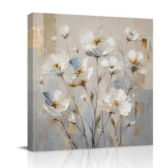Canvas Wall Art, White Floral Framed Canvas Prints for Bathroom Desk, Modern Abstract Oil Painting Flower Brown Small Gallery Wrapped Wall Decor for Home Office, Gifts, 8"x8" Ship Next Day