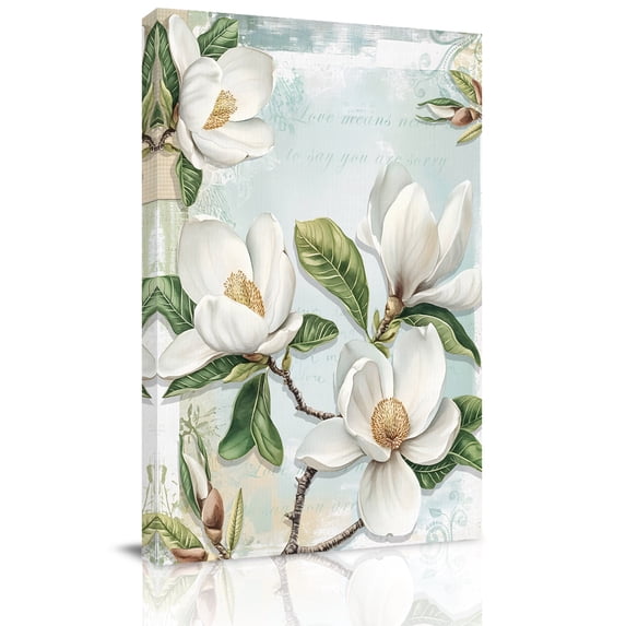 Canvas Wall Art, White Floral Framed Canvas Prints for Bedroom Dining Room, Pastoral Farmhouse Magnolia Flowers Leaves Large Gallery Wrapped Wall Decor for Home Office, Gifts, 20"x24" Ship Next Day