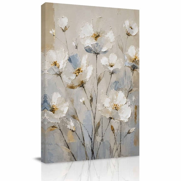 Canvas Wall Art, White Floral Framed Canvas Prints for Living Room Office, Modern Abstract Oil Painting Flower Brown Extra Large Gallery Wrapped Wall Decor for Home Office, Gifts, 24"x32"