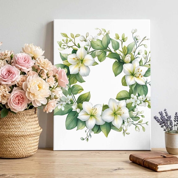 Canvas Wall Art White Gardenias Canvas Art Print Spring Floral Leaf Wreath Flower Watercolor Green Pictures Wall Decor for Living Room Artwork Decorations Stretched Framed Ready to Hang 12"x18"