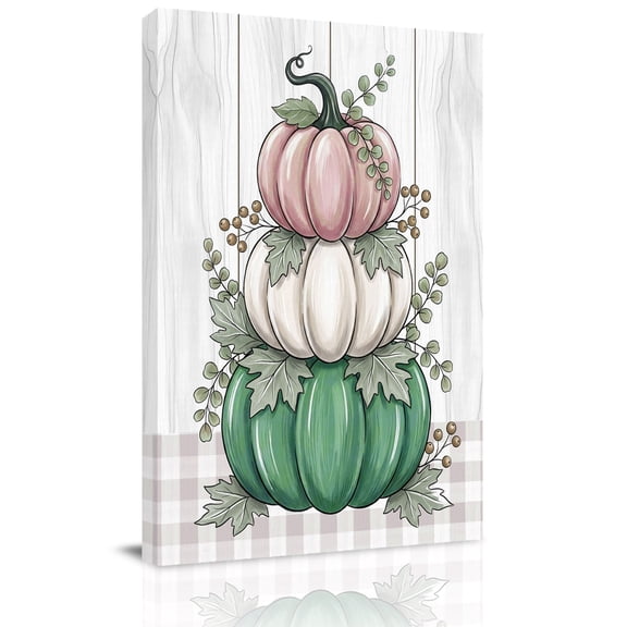 Canvas Wall Art, White Green Pumpkins Fall Framed Canvas Prints for Living Room Office, Thanksgiving Wooden Botanical Large Gallery Wrapped Wall Decor for Home Office, Gifts, 16"x24" Ship Next Day