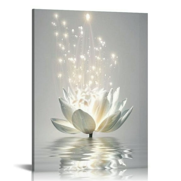 Canvas Wall Art White Lotus Flower Meditation Picture Modern Artwork Printed on Canvas - for Wall Decor - Stretched and Framed Ready to Hang 16x20 in