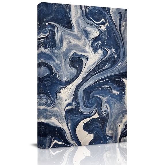 Canvas Wall Art, White Navy Blue Framed Canvas Prints for Kitchen Bedroom, Marble Texture Abstract Art Small Gallery Wrapped Wall Decor for Home Office, Gifts, 8"x12" Ship Next Day
