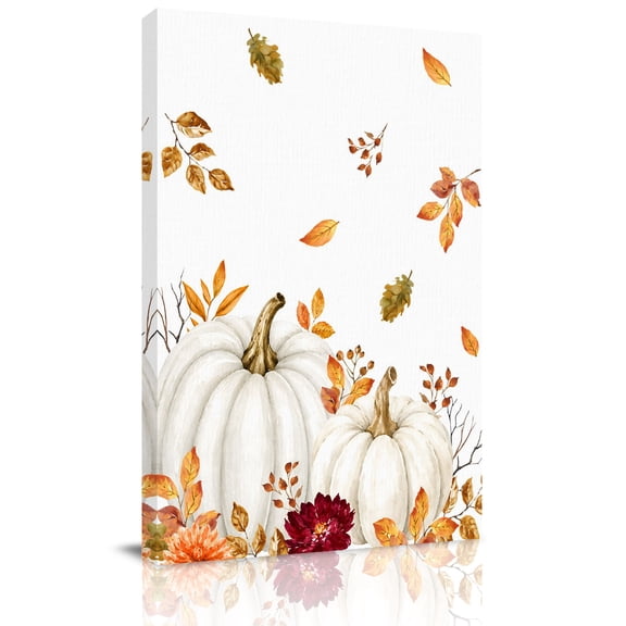 Canvas Wall Art, White Pumpkins Fall Framed Canvas Prints for Living Room Office, Thanksgiving Leaves Floral Berry Pastoral Large Gallery Wrapped Wall Decor for Home Office, Gifts, 16"x24"
