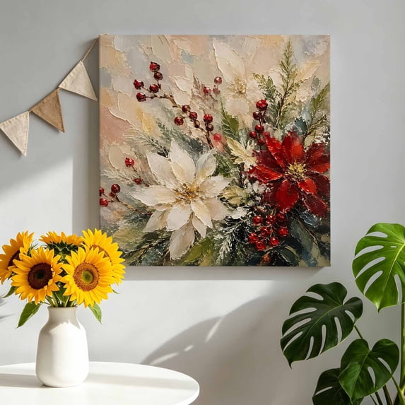 Canvas Wall Art White Red Poinsettia Canvas Art Print Rustic Christmas Flower Berry Oil Painting Pictures Wall Decor for Living Room Bedroom Artwork Decorations Stretched Framed Ready to Hang 8"x8"