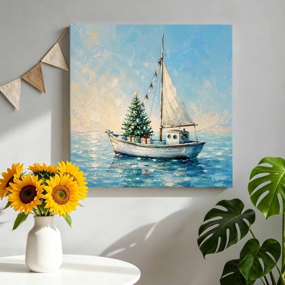 Canvas Wall Art White Sailboat Canvas Art Print Coastal Christmas Tree Ocean Oil Painting Texture Pictures Wall Decor for Living Room Bedroom Artwork Decorations Stretched Framed Ready to Hang 8"x8"