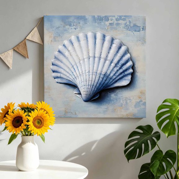 Canvas Wall Art White Shell Canvas Art Print Ocean Seashell Simple Oil Painting Realistic Pictures Wall Decor for Living Room Bedroom Artwork Decorations Stretched Framed Ready to Hang 8"x8"