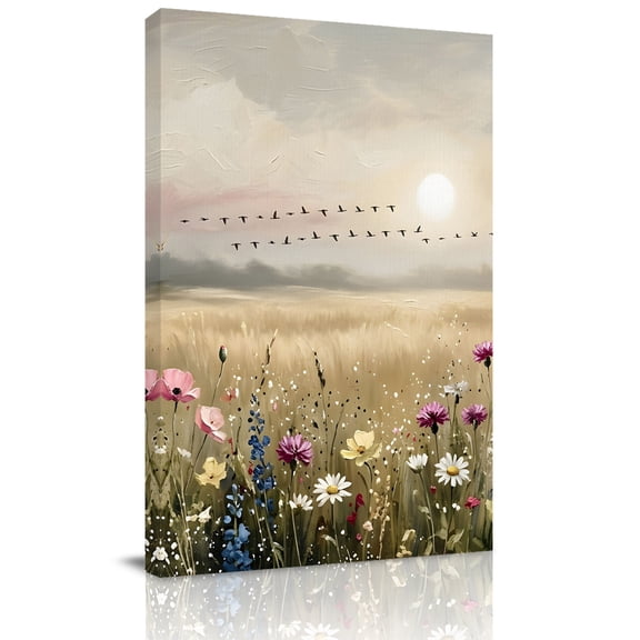 Canvas Wall Art Wildflower Canvas Art Print Nature Floral Flowers Sunset Birds Pictures Wall Decor for Living Room Bedroom Artwork Decorations Stretched Framed Ready to Hang 8"x12"