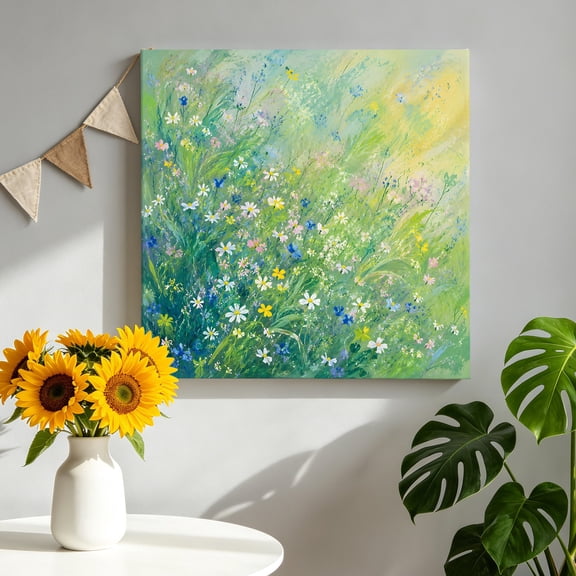Canvas Wall Art Wildflower Meadow Canvas Art Print Spring Summer Lush Green Grass Oil Painting Style Pictures Wall Decor for Living Room Artwork Decorations Stretched Framed Ready to Hang 8"x8"