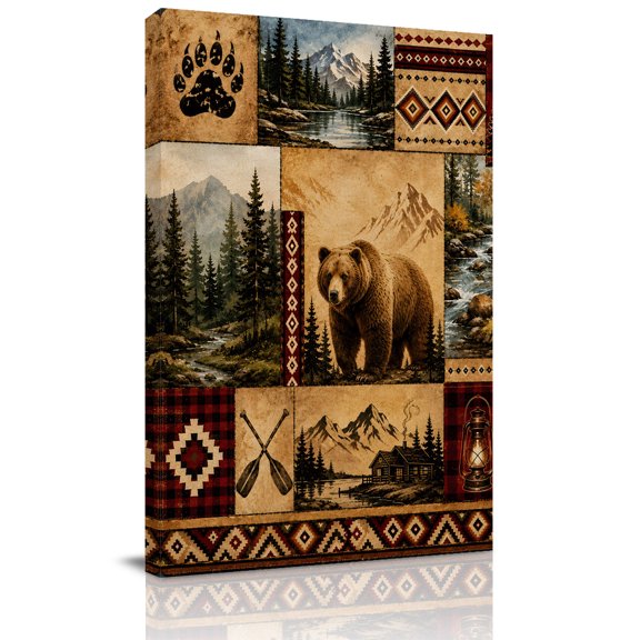 Canvas Wall Art, Wildlife Patchwork Rustic Framed Canvas Prints for Bathroom Hallway, Country Bears Canbin Forest Small Gallery Wrapped Wall Decor for Home Office, Gifts, 8"x10" Ship Next Day