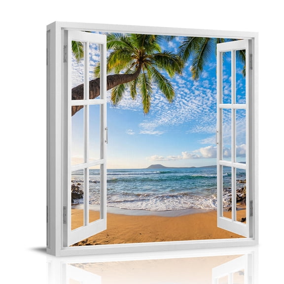 Canvas Wall Art, Window View Framed Canvas Prints for Bathroom Desk, Summer Tropical Coconut Tree Leaves Ocean Small Gallery Wrapped Wall Decor for Home Office, Gifts, 8"x8" Ship Next Day