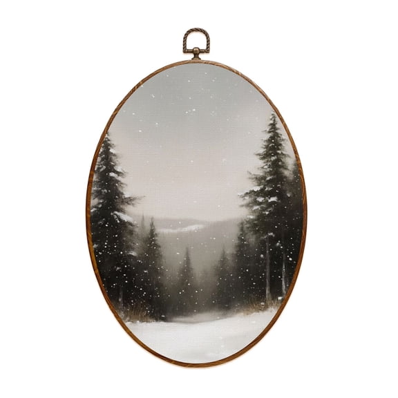 Canvas Wall Art Winter Christmas Pine Tree Forest Nature Landscape Rustic Xmas Holiday Oval Framed Canvas Prints Cottagecore Wall Hanging Decor for Home Office Gift 8.6"x11.4"