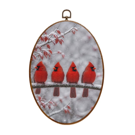 Canvas Wall Art Winter Crimson Scene Cardinal Birds Red Plumage Snowy Branch Setting Oval Framed Canvas Prints Vintage Wall Hanging Decor for Home Decorations 8.6"x11.4"